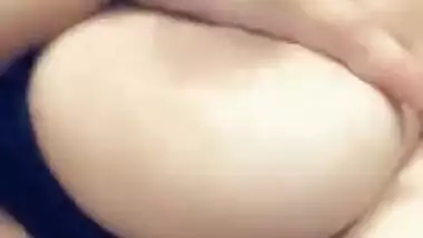 Indian babe's breasts are so big that she can easily lick nipples