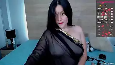 Sexy Bhabhi in See through Black Saree without blouse Exposing Boobs